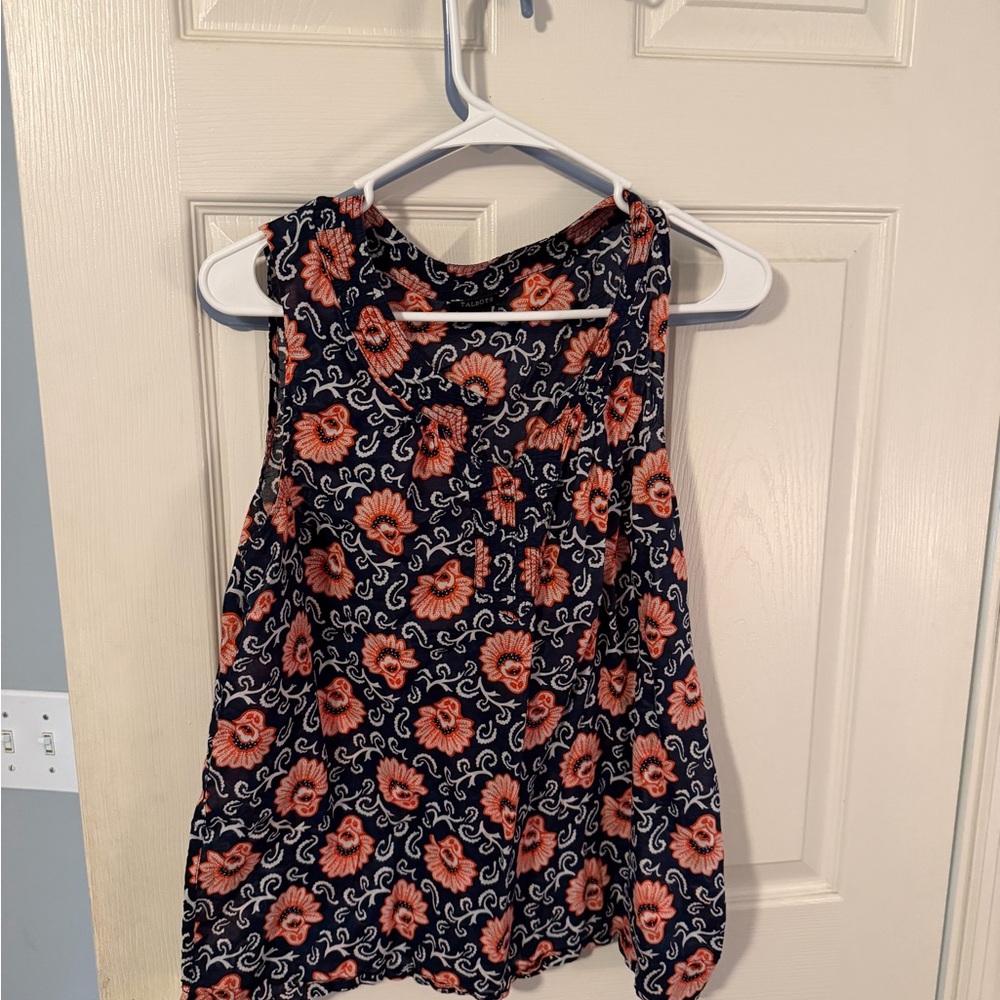 Talbots Floral Navy Sleeveless Tank Top with orange Blooms
